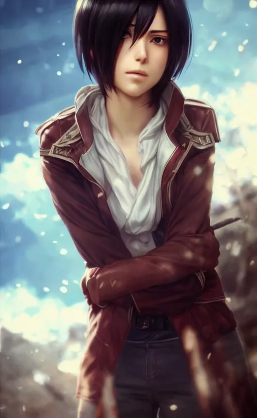 Image similar to mikasa ackerman, hero pose, medium shot, bokeh, beautiful face!!!!, 2 7 years old, cg animation, lifelike, animated, realistic, character select portrait, by artgerm, greg rutkowski, alphonse mucha, 3 d