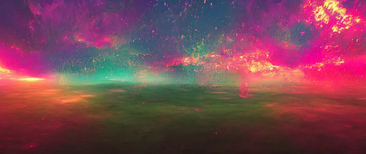 Image similar to dream landscape, simulation, glitch art, flocking particles, volumetric object, physical particles, translucence, cinematic lighting, iridescence, by ash thorpe