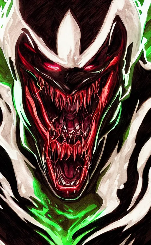 Image similar to portrait of venom as the green goblin, black and red, dynamic lighting, cinematic, ultra detailed, trending on art station, stunning visuals, creative, fantasy concept art