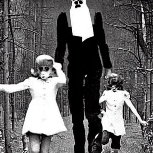 Prompt: a higly detailed album of scared children running slenderman from the 1940s, creepy, unsettling, bad quality, cursed image