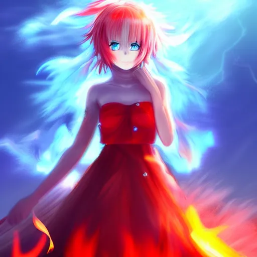 Image similar to advanced digital anime art, a very cute gorgeous teenage girl made of fire and ice with red fiery watery eyes glancing over her left shoulder wearing a dress made of water is standing in an apocalyptic burning city, full body, full round face, dramatic cinematic lighting, highly intricately detailed, trending on pixiv, Artstation, painted by Rossdraws and the style of Sakimimichan