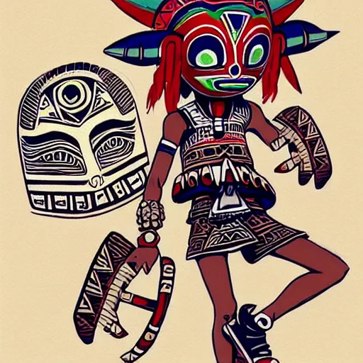 Image similar to sneaker design concept art, aztec mayan street fashion native punk sneaker design, majora's mask, wearing wooden mask, hip hop sneaker design with subtle mayan patterns, gapmoe yandere grimdark, trending on pixiv fanbox, painted by greg rutkowski makoto shinkai takashi takeuchi studio ghibli, akihiko yoshida