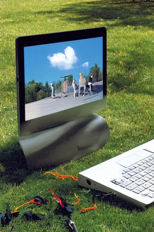 Prompt: a Mac plus computer outside, by John Baldessari.