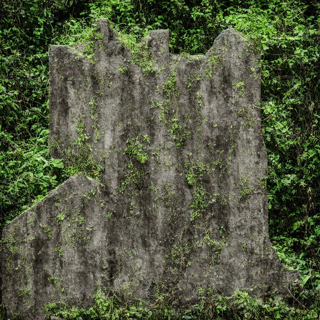 Image similar to Realistic abandoned concrete monument, overgrown rainforest plants and trees, overcast, long shot, Sigma 100mm