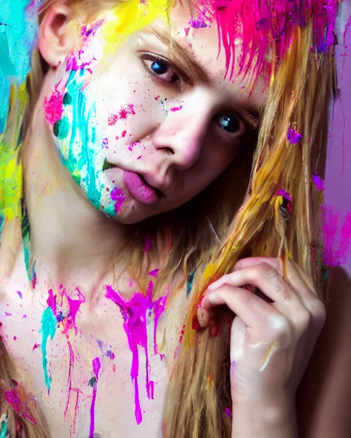 Prompt: portrait photograph of a beautiful young girl with long blonde hair wearing a white t-shir. she is crying tears of flowing exploding colors, she looks sad, distraught. paint splatte, colorful tears, crayon tears, upset, pitiful, cinematic lighting, 4k, focused, photo realistic, highly detailed, 3d rendered