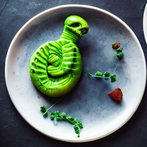 Prompt: alien food on a plate from above