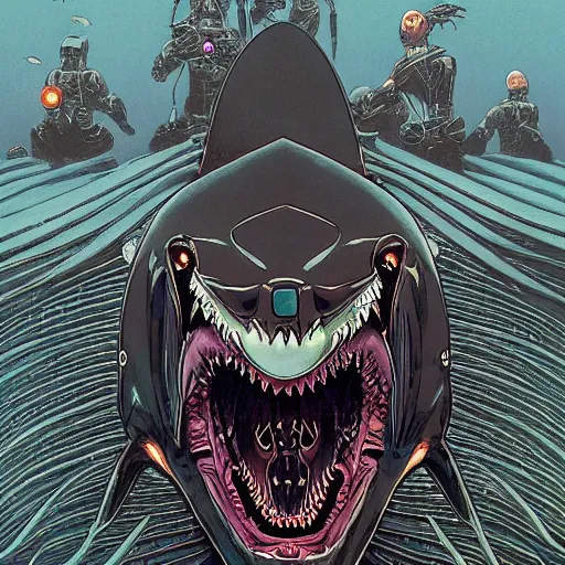 Prompt: dark robotic shark, symmetrical, by yoichi hatakenaka, masamune shirow, josan gonzales and dan mumford, ayami kojima, takato yamamoto, barclay shaw, karol bak, yukito kishiro