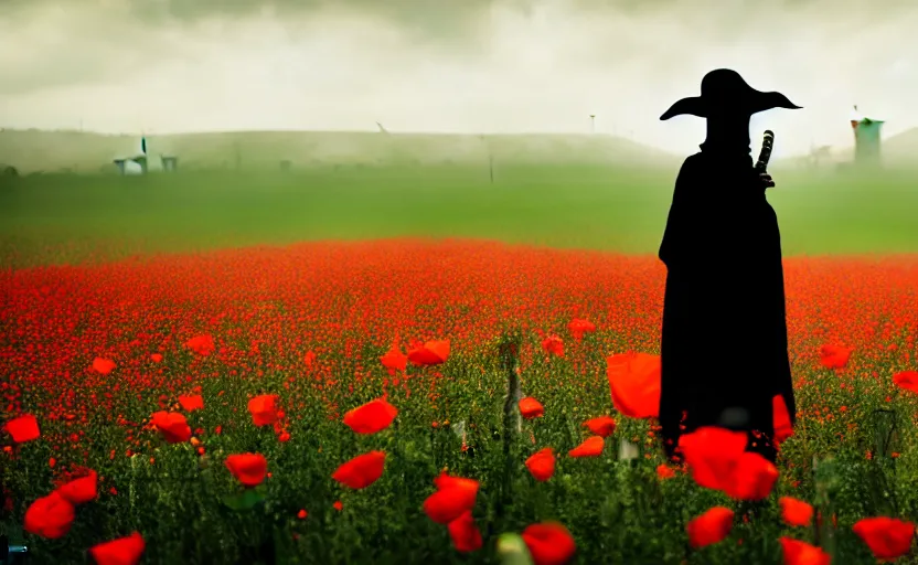 Image similar to an extremely disturbing horror photograph of a plague doctor in a field of opium poppies, hyperrealism, sharp focus, highly detailed, horror cgi 4 k, matte, octane render, cinematography, photo by professional photographer