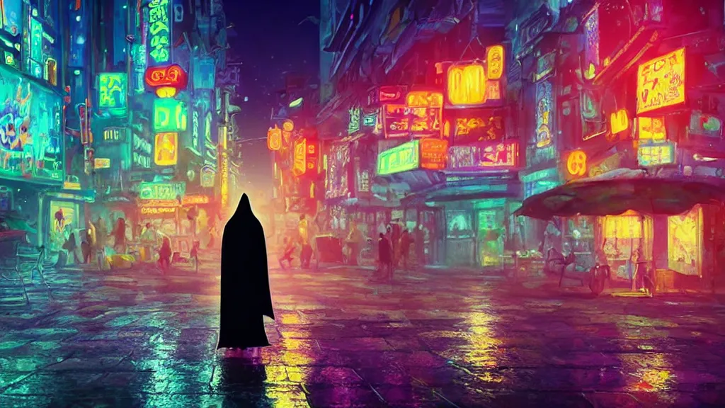 Prompt: animated film still, medium distance, a cloaked figure wandering through a vibrant and colorful alien city at night, light rain, dim neon lights, bokeh, dramatic depth of field, award-winning animated short film inspired by Studio Ghibli