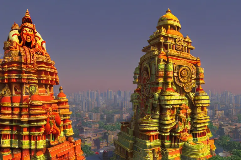 Image similar to high quality 3 d dreamscape! mumbai with biomorphic hanuman!! head building, kalighat highly detailed, unreal engine cinematic smooth, stephen shore & john j. park, soft morning light, wide shot, high angle, uhd 8 k, deep focus