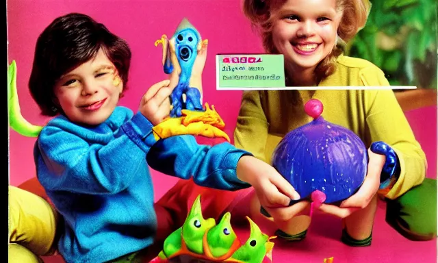 Prompt: kid playing with slime monster, realistic, detailed faces, toy commercial photo,toy magazine, highly detailed, photo from the 80s