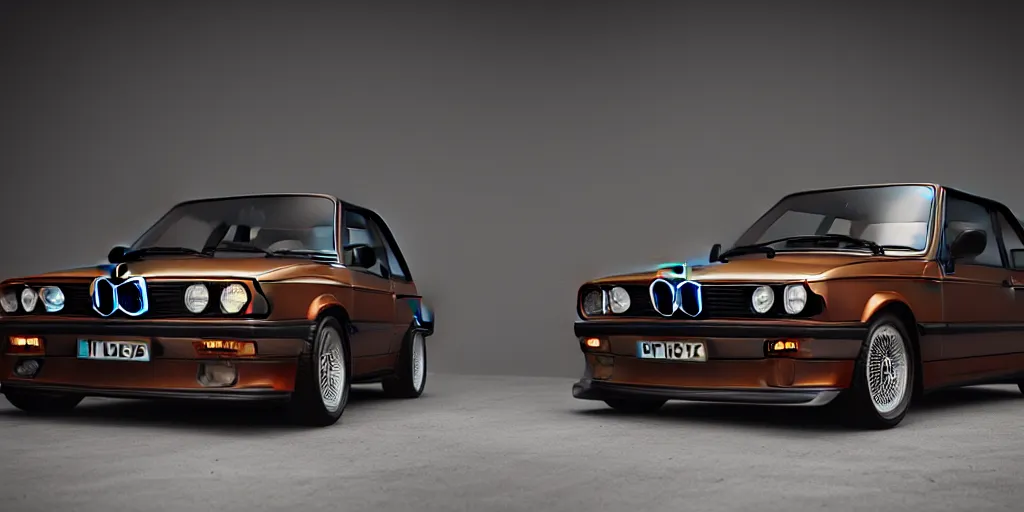 Image similar to a bmw e30, designed by Polestar, blade runner background, stained antique copper car paint, black windows, sport car, dark show room, dramatic lighting, hyper realistic render, depth of field