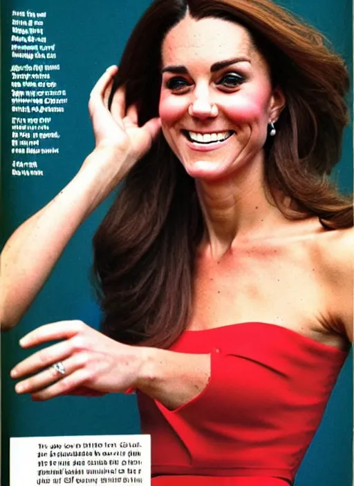 Prompt: candid photo of kate middleton as a thicc cover model in the 1980s, magazine cover.