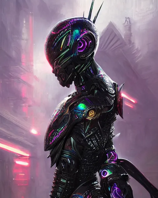 Prompt: the omnipotent assassin, vivid award winning digital artwork, intricate black sharp hooded semi - cybernetic athletic armor, beautiful iridescent colors, technology, long spikes, glowing face, detailed realistic, specular colors, ornate colored gems, character art by greg rutkowski and wlop and artgerm