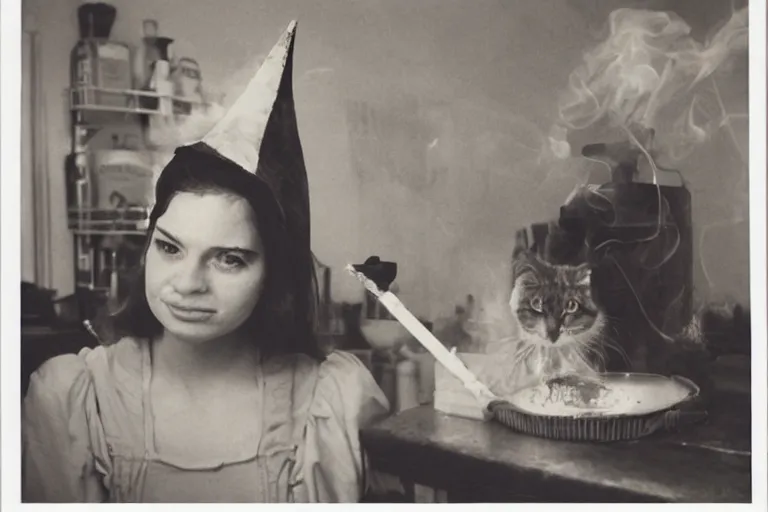 Image similar to polaroid 1 9 8 0's photo, close up portrait, dramatic lighting, concentration, calm confident teen witch and her cat mixing a spell in a cauldron, a little smoke fills the air, a witch hat and cape, a little green smoke is coming out of the cauldron, ingredients on the table, apothecary shelves in the background, still from harry potter