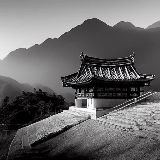 Image similar to little pavilion in the mountain, black and white, by lang jingshan,