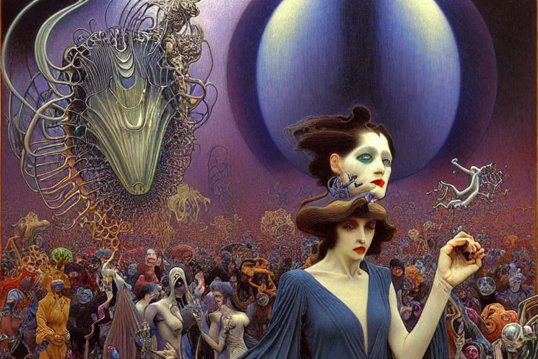 Prompt: realistic extremely detailed portrait painting of an elegant vampire in a crowded futuristic street, detailed alien crowd by Jean Delville, Amano, Yves Tanguy, Alphonse Mucha, Mark Brooks, Ernst Haeckel, Edward Robert Hughes, Roger Dean, rich moody colours, blue eyes