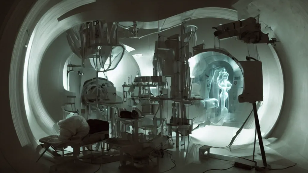 Image similar to an mri section of james cavell in the living room, film still from the movie directed by denis villeneuve with art direction by salvador dali, wide lens