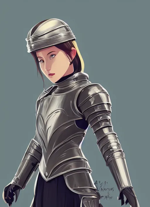 Image similar to a young woman in full plate armor holding her helmet. she is a knight. clean cel shaded vector art. shutterstock. behance hd by lois van baarle, artgerm, helen huang, by makoto shinkai and ilya kuvshinov, rossdraws, illustration, art by ilya kuvshinov