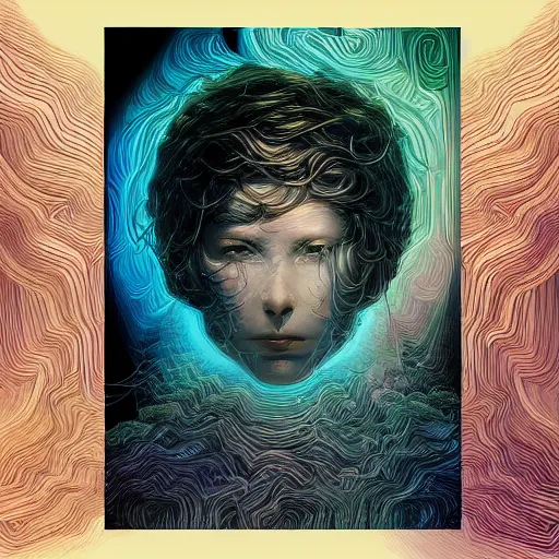 Image similar to beautiful portrait of intelligence, spatial space deformation in latent space, math art, digital circuits, wires, astral plane, by artgerm and dan mumford and gustave dore, ambient occlusion