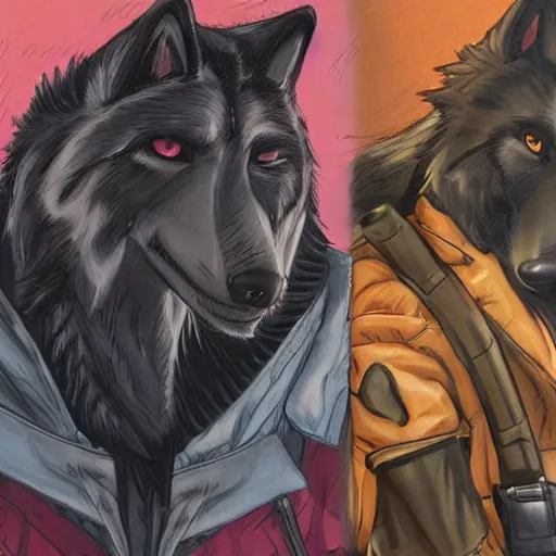 Prompt: beautiful professional art of a portrait an anthropomorphic black male wolf anthro furry fursona, in a 1 9 8 0 s style space mercenary uniform, heroic, art by jack kirby