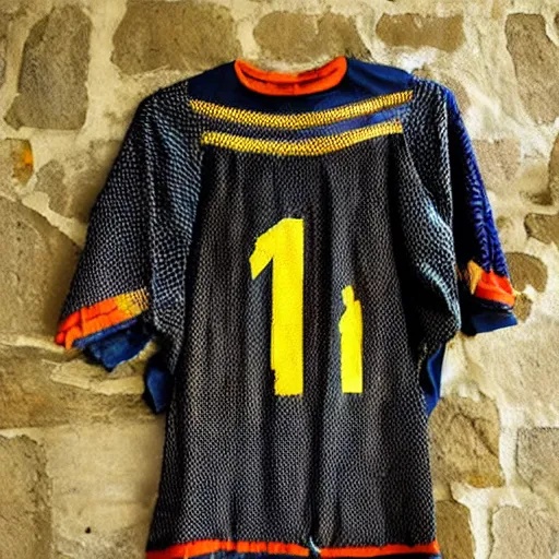 Prompt: medieval soccer jersey, hanging on a wall in a castle