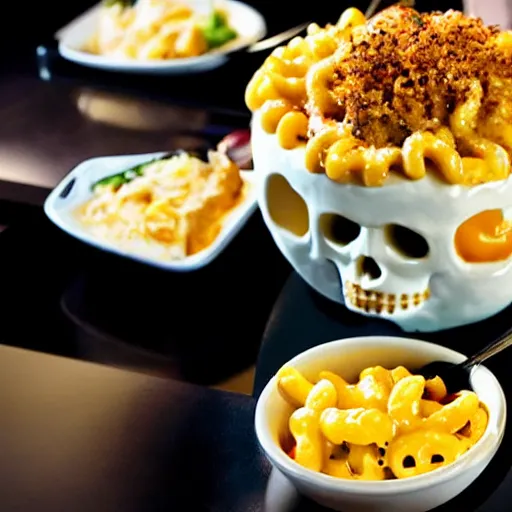 Image similar to a bowl made out of a cyborg android skull filled with delicious mac n' cheese. photograph from a restaurant menu.