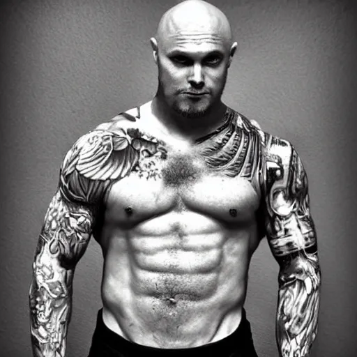 Image similar to muscular bald man, tattooed body, sword in hands, HD, anime style,