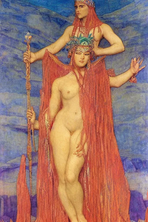 Image similar to goddess of the lost city with her regalia, by Annie Swynnerton and Nicholas Roerich and jean delville, dramatic cinematic lighting , ornate headdress , flowing robes, lost civilizations, extremely detailed