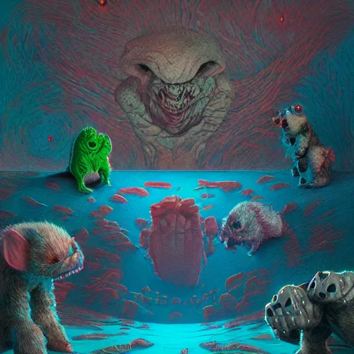 Image similar to critters - movie, color - out - of - space, lisa - frank, zdzisław beksinski, satoshi - kon, deathscape, fleshy - surfaces, fruggles, cinematic - lighting, ultra - detail, artstation, photorealistic, octane render, 4 k,