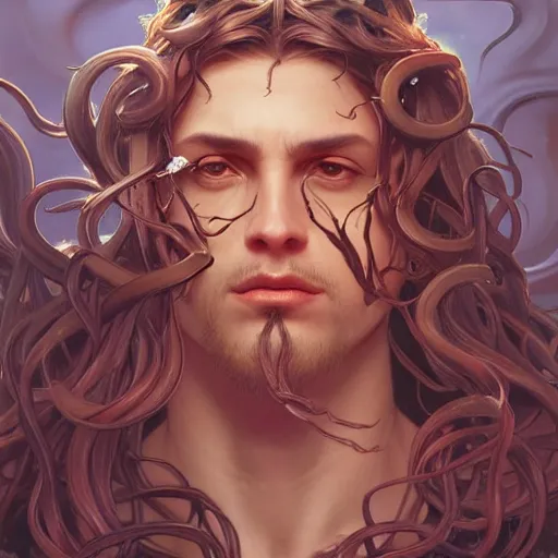 Image similar to male medusa, highly detailed, digital painting, cute face, artstation, concept art, smooth, sharp focus, illustration, art by artgerm and greg rutkowski and alphonse mucha