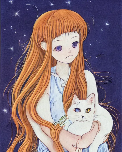 Image similar to a portrait of a young woman with very long pink hair undulating on the wind, light brown eyes, slightly chubby, pale skin, pretty, cute, holding a white cat. by naoko takeuchi