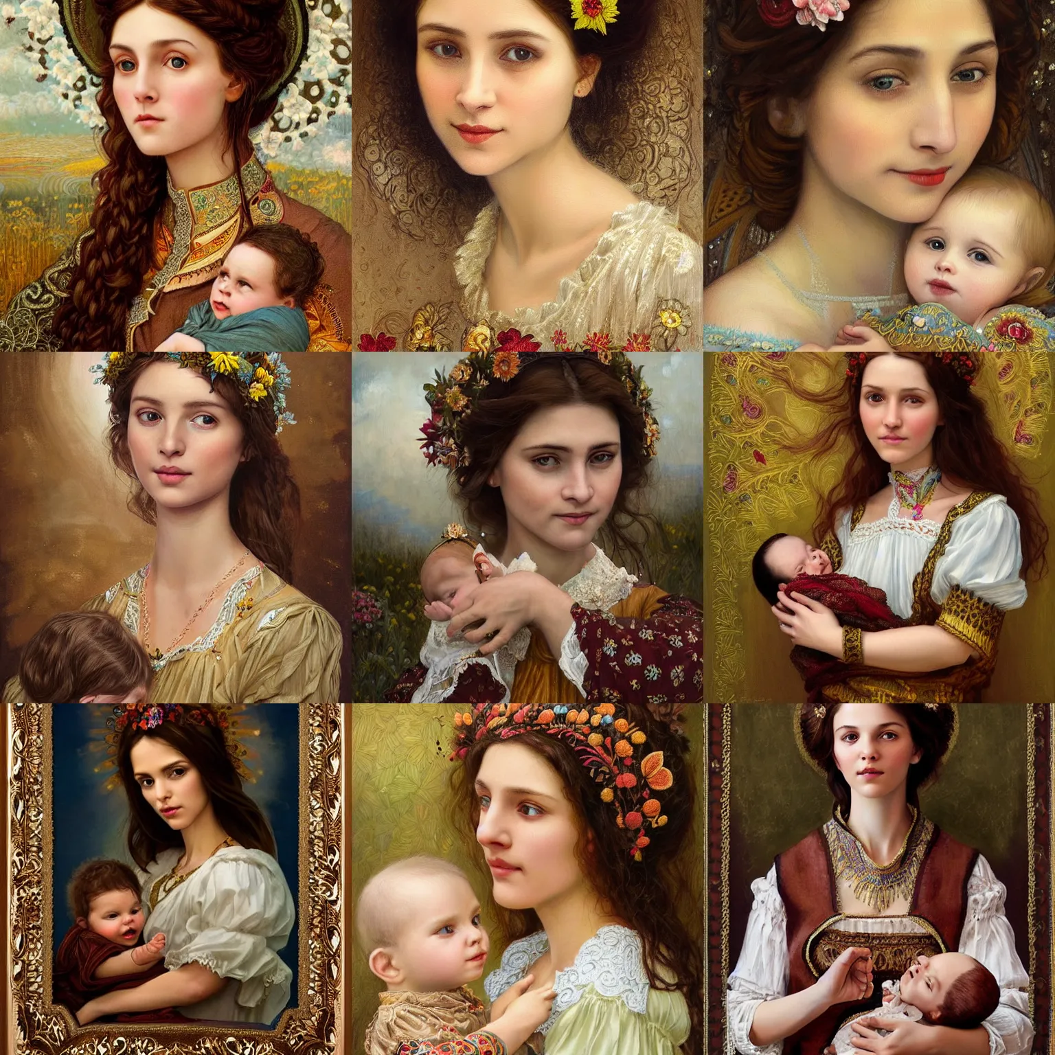 Prompt: brown haired lady with little baby in her hands, embroidered shirt, ukrainian national costume, filigree crown with textile embroidery flowers, ukrainian madonna, pre - raphaelite beautiful, playful smile, detailed portrait, intricate complexity, acryl icon painting, charlie bowater, tom bagshaw, alexis franklin, elena masci, pawel rebisz