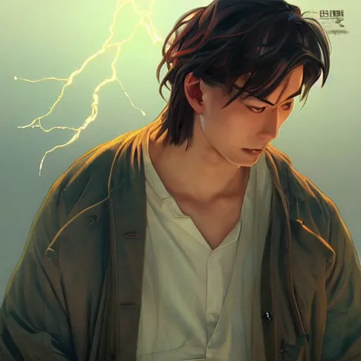 Image similar to character concept, wide angle, symmetrical head - on centralized, young man with japanese clothes. detailed, high quality, dynamic lightning, fantasy, scenematic. artwork by artgerm, wlop, alex ross, greg rutknowski, alphonse mucha