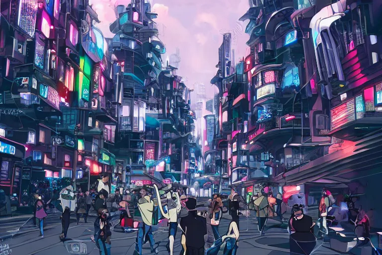 Image similar to futuristic city street with people fighting, anime