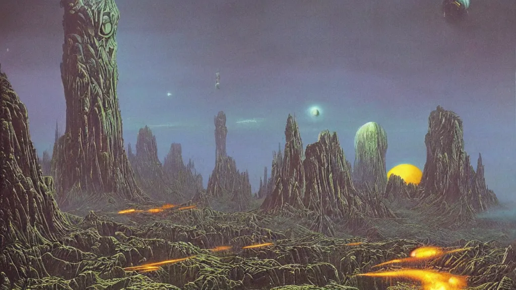 Prompt: eerie atmospheric alien planet empire by angus mckie and bob eggleton and chris moore, epic cinematic matte painting