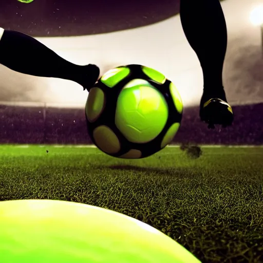 Image similar to a closeup photorealistic photograph of a black soccer boot kicking a green and black soccer ball, fantastic four theme.. bright scene. fine detail. this 4 k hd image is trending on artstation, featured on behance, well - rendered, extra crisp, features intricate detail, epic composition and the style of unreal engine.