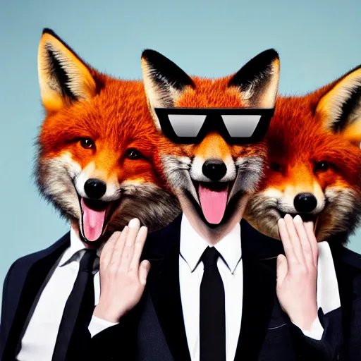 Prompt: music album cover, with foxes animals dressed in suits and sunglasses, all looking at camera, 8 5 mm f / 1. 4