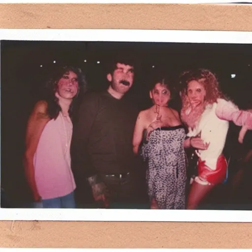 Image similar to a polaroid photo of an 8 0 s party after dark