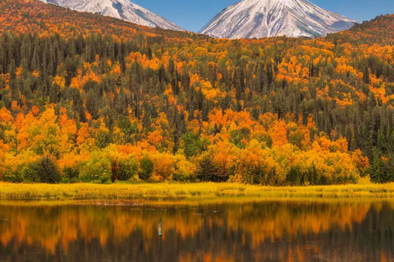 Image similar to a mountain with a radio tower next to a pond, autumn hills in background. telephoto lens photography.