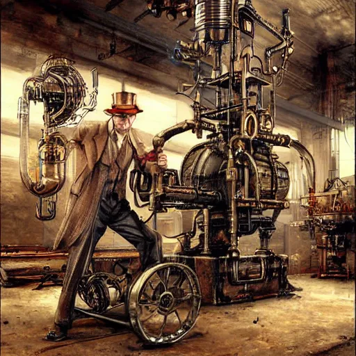 Image similar to A random pointless contraption ((steampunk)) industrial appliance pneumatic machine with no apparent purpose, being operated by a scholarly looking man with a clear directed gaze, artwork by Craig Mullins