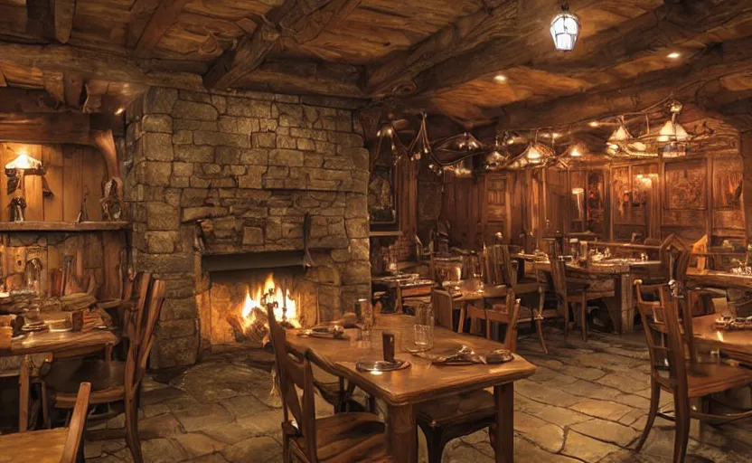 Image similar to medieval fantasy tavern, curtained booths, rowdy patrons, elves and humans, roaring fireplace