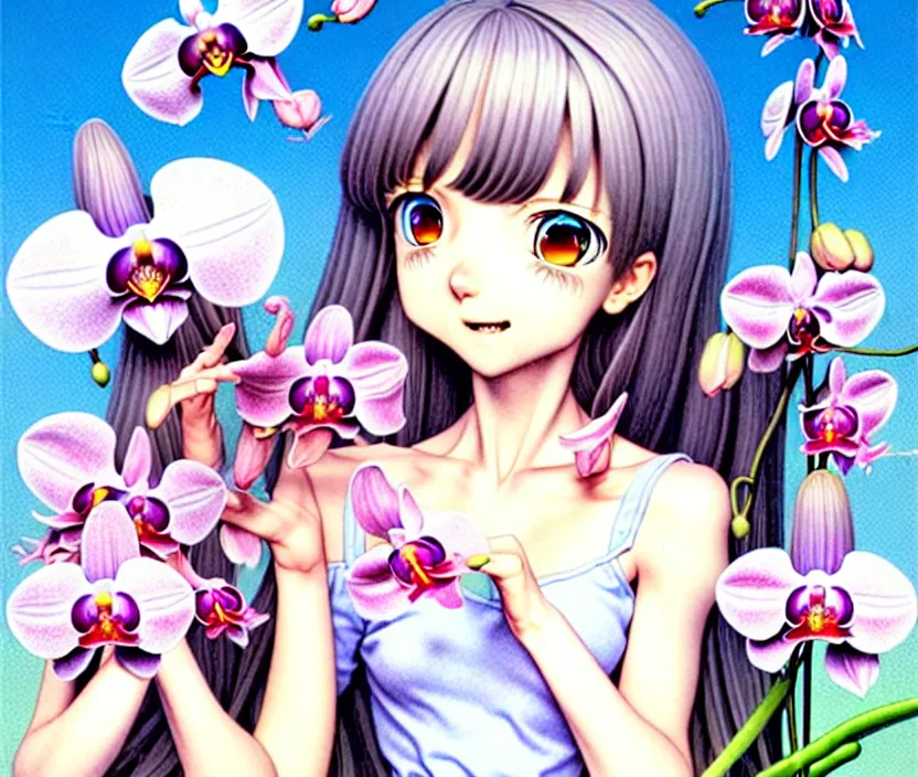 Image similar to a very cute richly detailed colored pencil 3D illustration of a mentally happy christian girl who resigned to her fate of being turned crazy by a psychic orchid flower demon. alluringly romanticistic art by Range Murata and Artgerm.