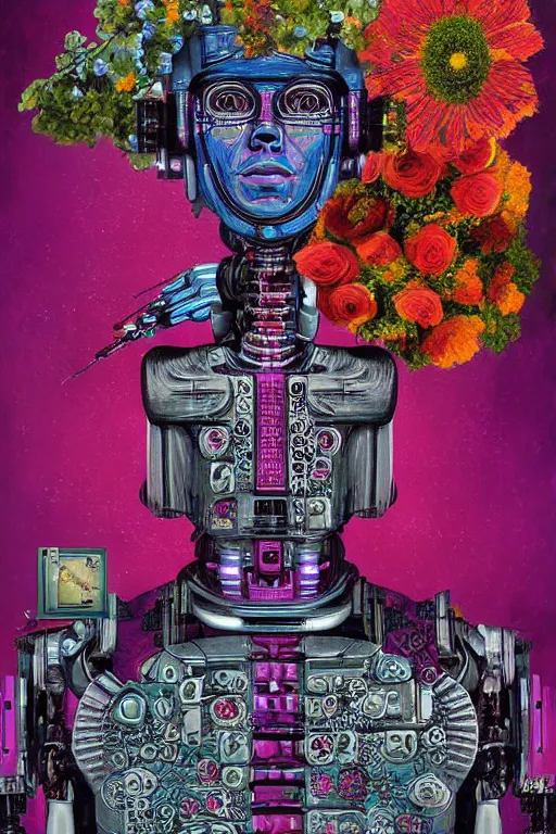 Image similar to a digital painting of a robot with flowers, 1965 character portrait by Vladimir Tretchikoff, cgsociety, panfuturism, made of flowers, dystopian art, vaporwave