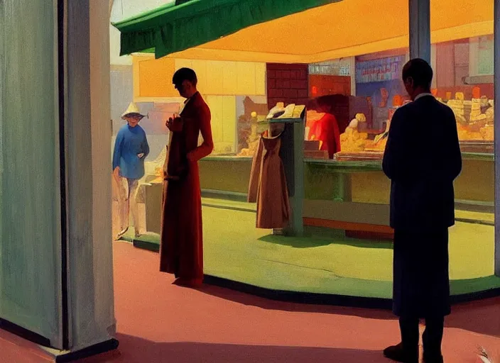 Image similar to man in a translucent dress made from plastic bag with paper bags for clothes standing inside paper bags with paper bag over the head at store in line for an ice cream cart display Edward Hopper and James Gilleard, Zdzislaw Beksinski, highly detailed