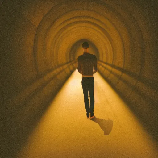 Image similar to kodak portra 1 6 0 photograph of a skinny guy standing in tunnel of light, flower crown, back view, moody lighting, moody vibe, telephoto, 9 0 s vibe, blurry background, tranquil, calm, faded!,