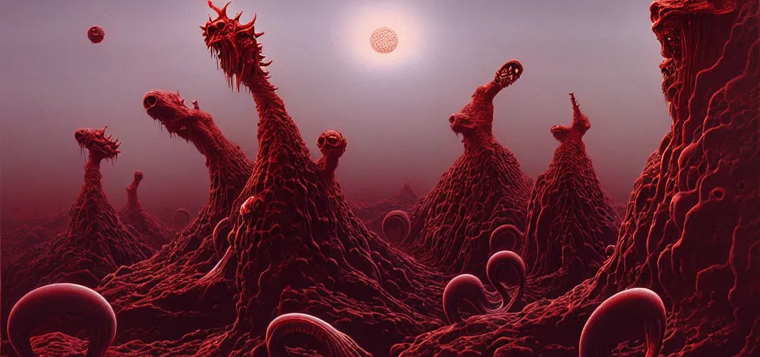 Image similar to hellish alien creatures on an alien world, artstyle Zdzisław Beksiński, very intricate details, high resolution, 4k