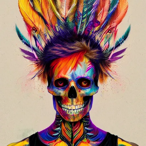 Image similar to art portrait of skeleton with colorful feathers exploding out of head,8k,by tristan eaton,Stanley Artgermm,Tom Bagshaw,Greg Rutkowski,Carne Griffiths,trending on DeviantArt,face enhance,hyper detailed,minimalist,full of colour