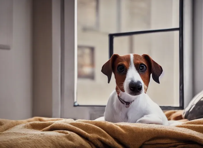 Image similar to photography of a Jack Russel . watching outside the window. on a bed. in a vintage room full of vinyls and posters.,volumetric light, photorealistic,, award winning photo, 100mm, sharp, high res