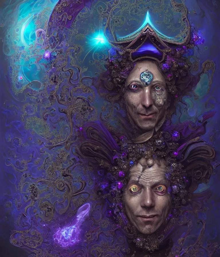 Prompt: front!!! shot of a court jester!!! character, mesmerizing fractal hypercubes, dark holography!!!, future, oil slick nebula, crystalline edges, (((intricate))), elegant, highly detailed, centered, (((artstation, concept art, smooth, sharp focus, artgerm, Tomasz Alen Kopera, Peter Mohrbacher, donato giancola, Joseph Christian Leyendecker, WLOP, Boris Vallejo))), ((raytracing)), mugshot!!!!!, ugly!!!!!!, octane render, nvidia raytracing demo, octane render, nvidia raytracing demo, octane render, nvidia raytracing demo, grainy, muted, 8K, digitalblasphemy, metatron